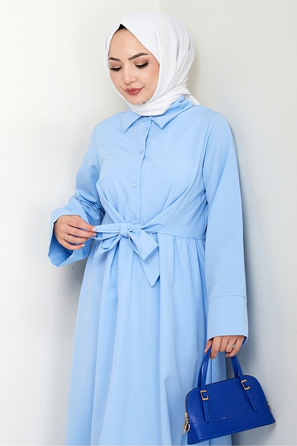 Renda Belden Bağlamalı Elbise 1467 - Bebe Mavisi - 5