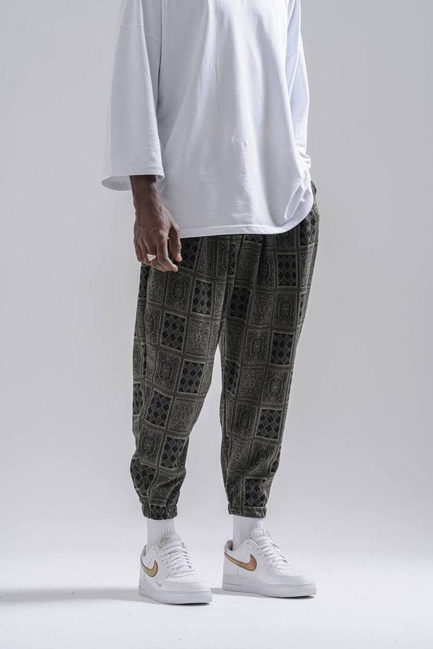 Erkek Kareli Desenli Haki Jogger Şalvar Pantolon - 3