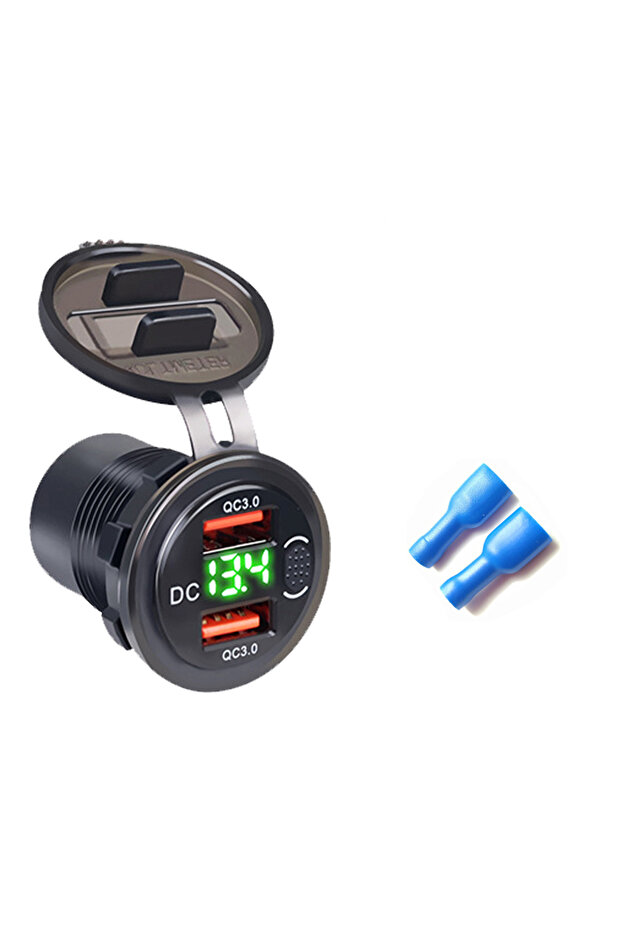 شاحن سيارة مزدوج Qc3.0 أخضر اللون مع مقبس ولاعة سجائر مقاوم للماء وشحن سريع USB مع مفتاح فولتميتر