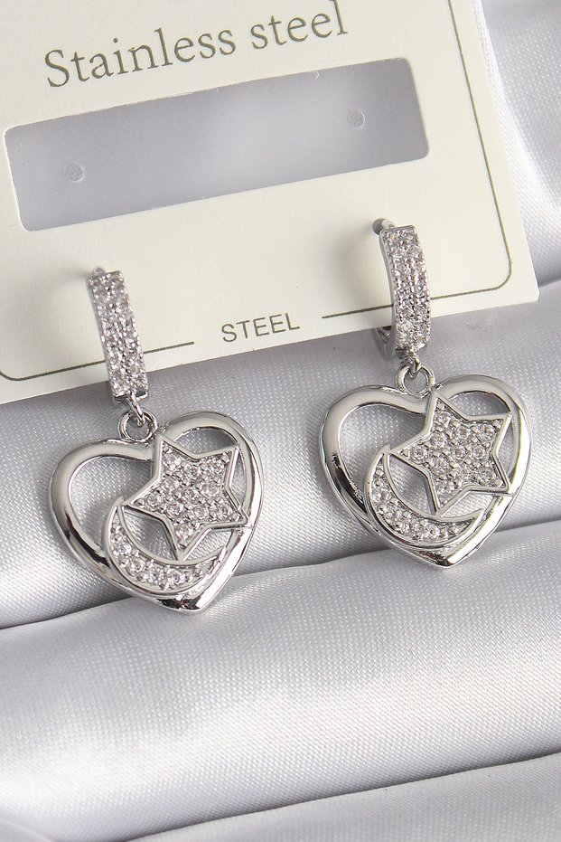 Brass Silver Color Heart Model Zircon Stone Moon Star Embroidered Women's Earrings - Tj-Bkp9738