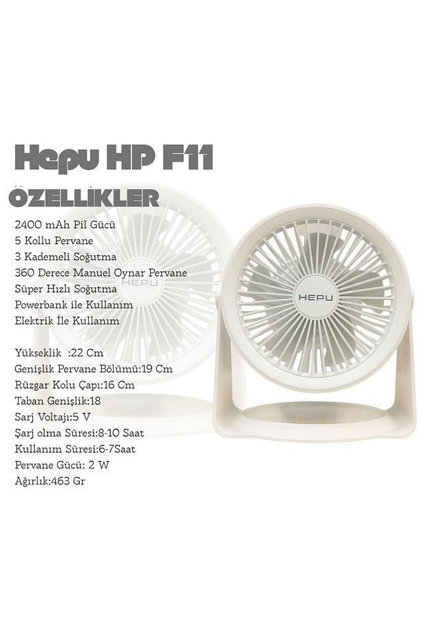 HP F06 Masa Üstü Şarjlı Vantilatör Hızlı Soğutma 2400 mAh Led Aydınlatmalı 5 Kollu 3 Kademeli - 3