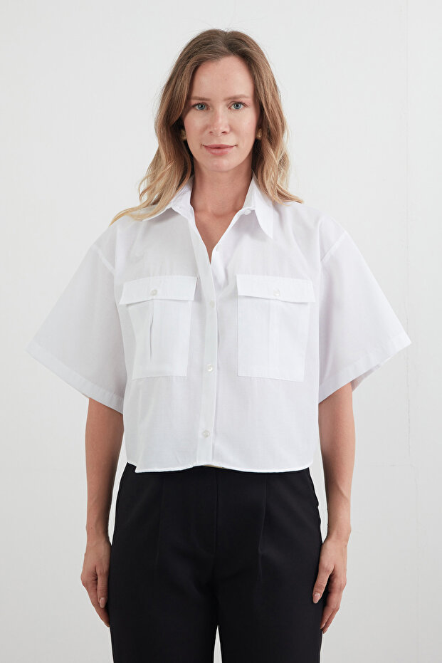 Basic Çift Cepli Arkası Uzun Crop Gömlek - 6