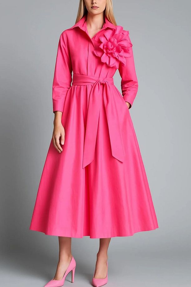 Kuşaklı & Drape Çiçek Detaylı Açık Fuşya Midi Gömlek Elbise - 1