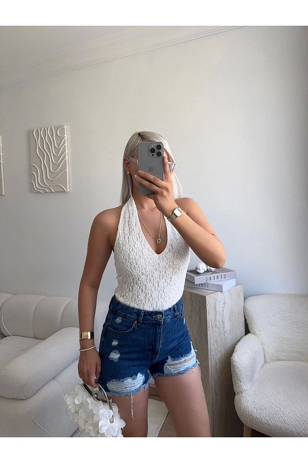 Yırtık Lazer Kot Şort - KOYU MAVİ - 3