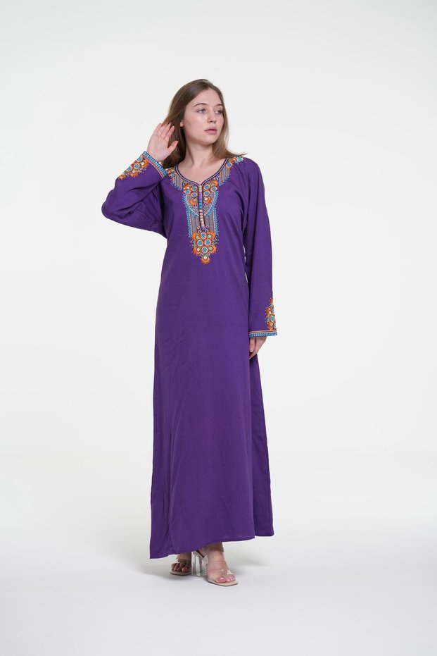 Ladies Printed Jalabiya - Full-Sleeve crepe Dress with belt