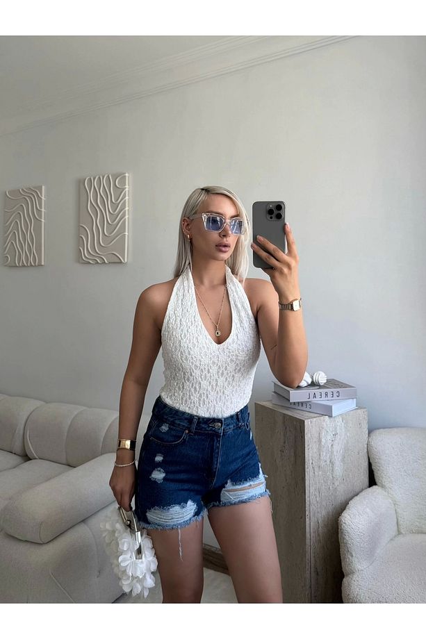 Yırtık Lazer Kot Şort - KOYU MAVİ - 1