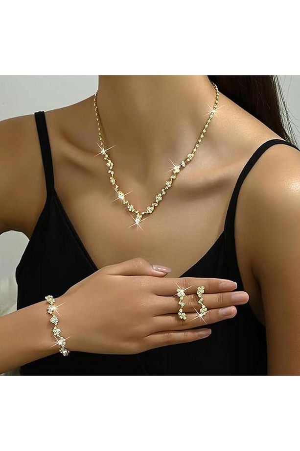 Gold Kaplama Kıraliyet Işıltısı Kolye Küpe Ve Bileklik Seti 3'lü Set Davet Düğün Nişan Abiye - 1