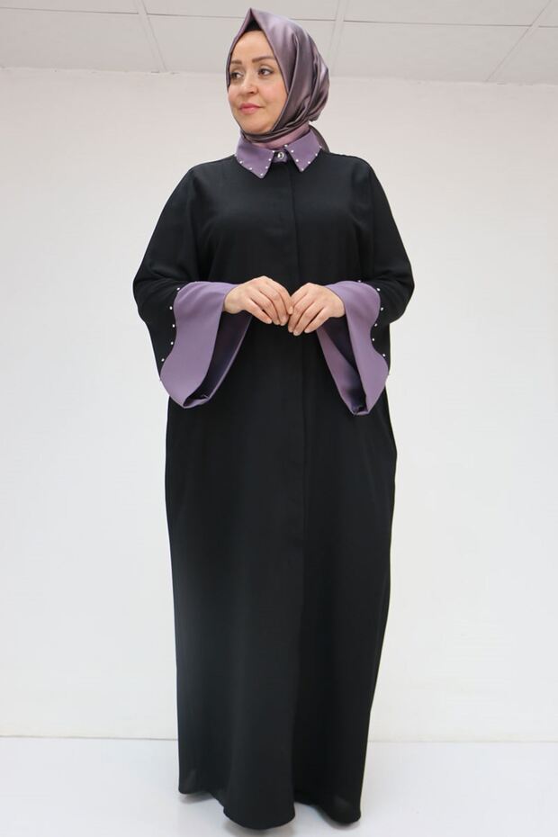 56008 Large Size Sleeve Garnished Etamin Abaya Ferace - Black-Lilac