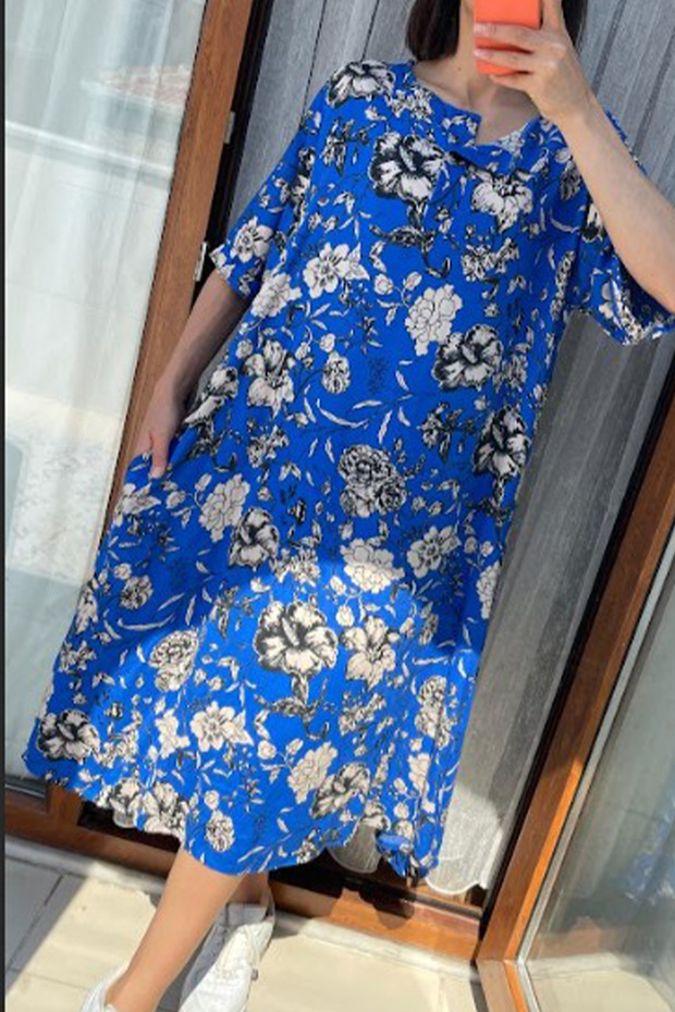 Women's Cobalt Blue Buttoned Round Neck Pocket Patterned Short Sleeve Wide Fit Loose Midi Dress