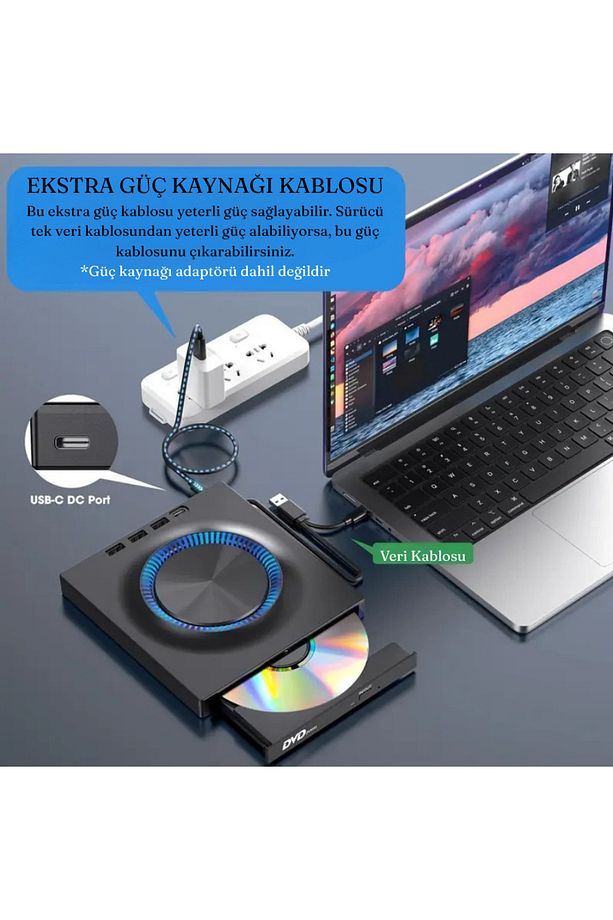 Çok İşlevli Harici USB 3.0 Type-C CD/DVD Yazıcı Okuyucu Laptop Mac Windows 11 - 5