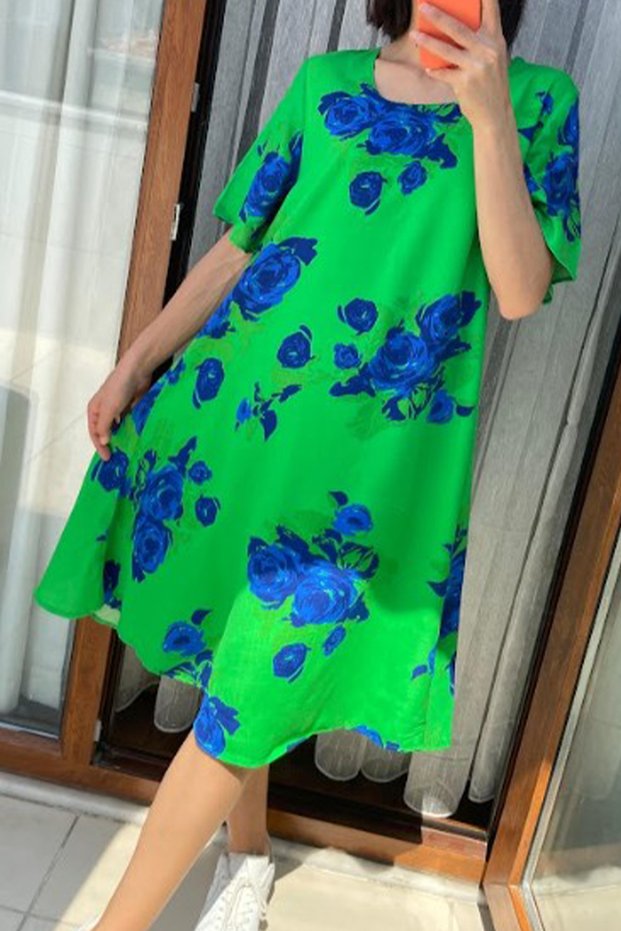 Women's Green Blue Round Neck Retro Patterned Short Sleeve Loose Midi Dress