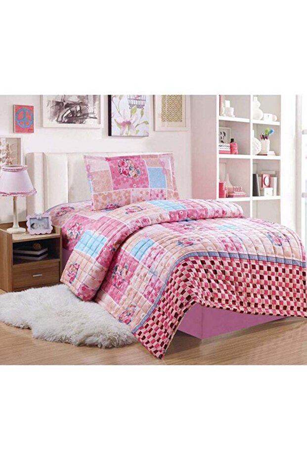 طقم لحاف مضغوط من 3 قطع من الألياف الدقيقة باللون الوردي/الأزرق/البني، مفرد