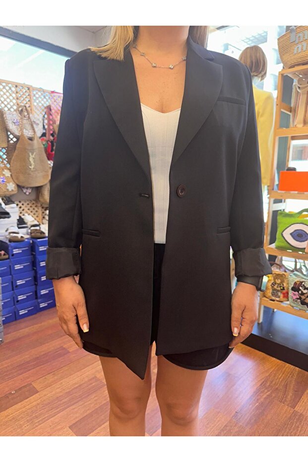 Kadın Siyah Tek Düğmeli Basic Blazer Ceket - 3