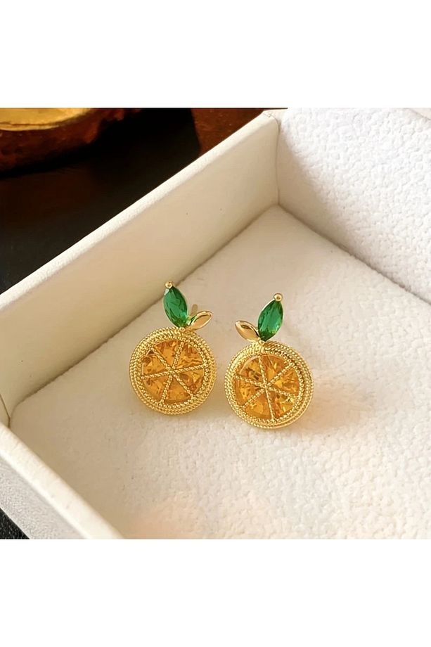 Şirin Limon Yuvarlak Küpe, Sentetik Zirkonya, Çinko Alaşım ile 925 Ayar Gümüş Sap - 3