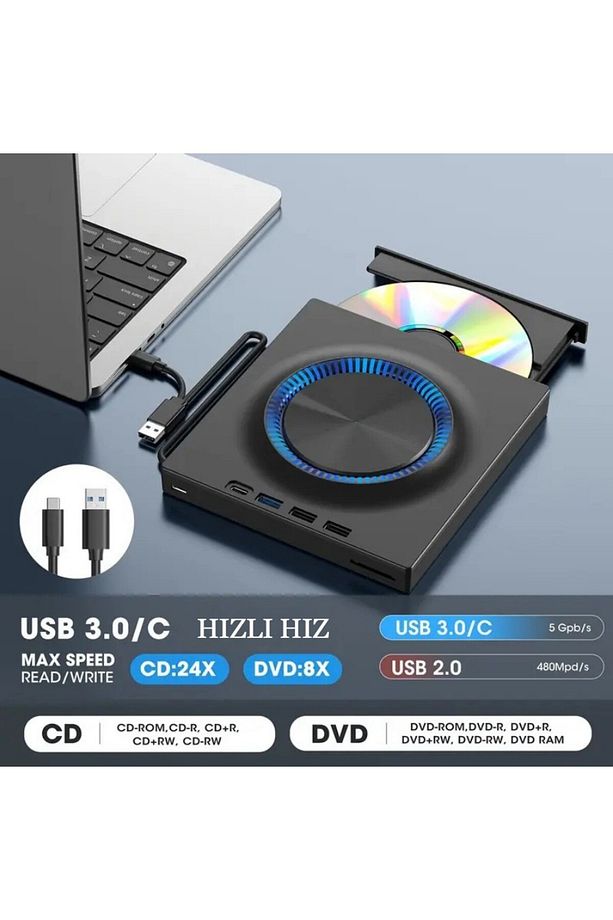 Çok İşlevli Harici USB 3.0 Type-C CD/DVD Yazıcı Okuyucu Laptop Mac Windows 11 - 3