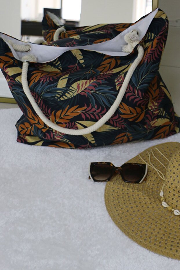 102 Large Beach Bag - Leaf Pattern Mustard