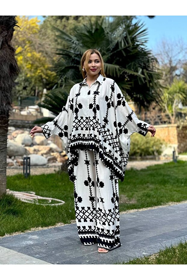 Patterned Casual Shirt and Wide Leg Pants 2-Piece Set