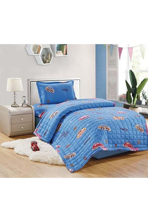 طقم لحاف مضغوط، مقاس مفرد، 3 قطع، من الألياف الدقيقة، أزرق - 1