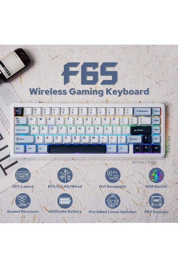 x Aula F65 65% Wireless Mechanical Keyboard, Hot Swappable Gasket Custom Gaming Keyboard wi - 3