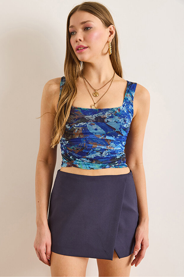 Women's Blue Lined Tulle Blouse Blz-19003042