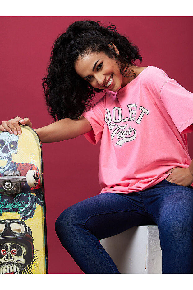 Slogan Print Round Neck Cotton T-Shirt