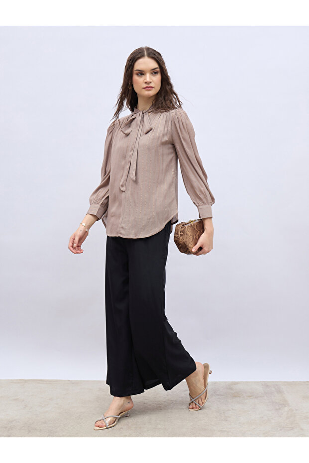 Striped Balloon Sleeve Tie-Up Neck Blouse