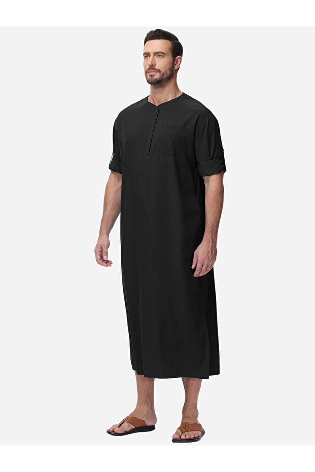 رداء سادة برقبة دائرية وأزرار أمامية وأكمام طويلة - 5