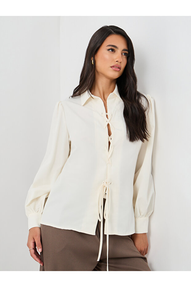Solid Balloon Sleeve Front Tie-Up Detail Shirt