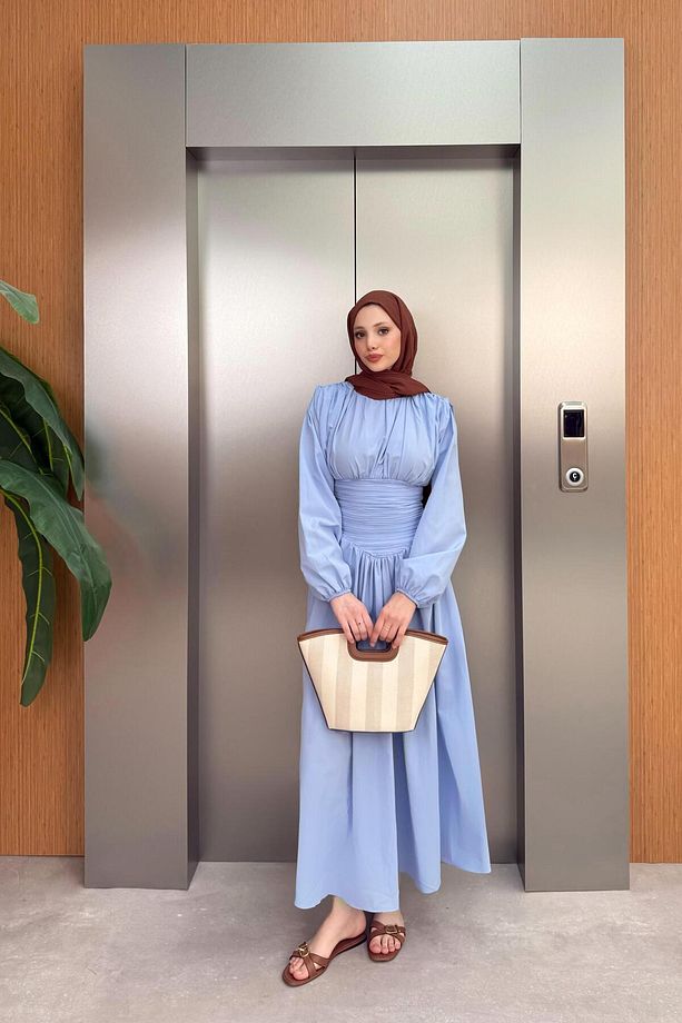 Belden Büzgülü Poplin Elbise - Mavi - 2
