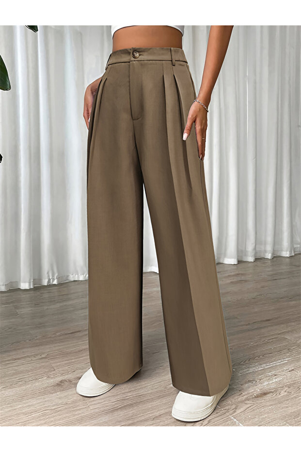 High Rise Pleated Detail Wide Leg Pants