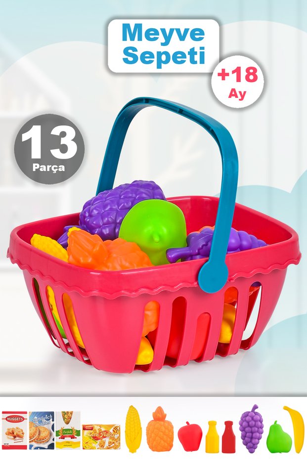 13 Piece Toy Grocery Cart - Fruit Vegetable Snack Shopping Cart with Handles