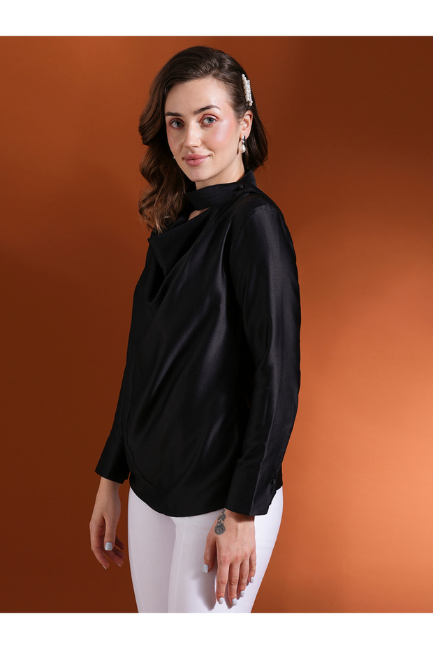 Solid Satin Cowl Neck Top - 2