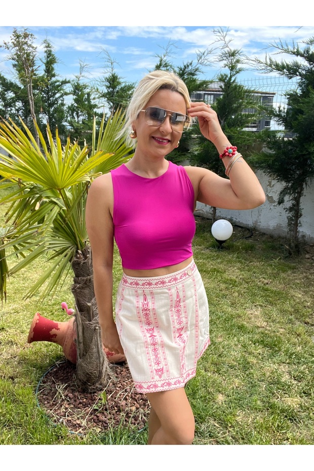 Pembe Nakışlı Şort Etek - 2