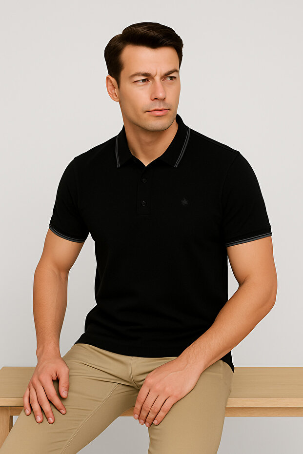 Navy Blue 2118 Premium Striped Polo Neck Regular Fit Men's T-Shirt
