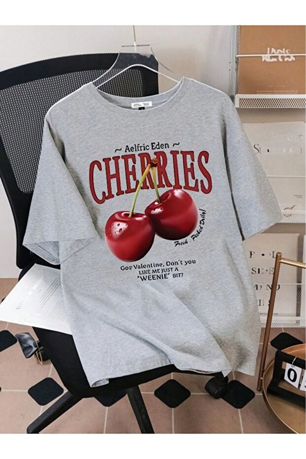 Unisex Cherries Printed Oversize Short Sleeve T-Shirt