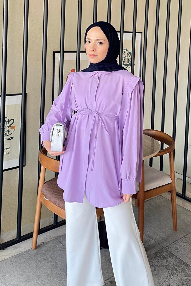 Waist Tied Shoulder Padded Shirt Lilac