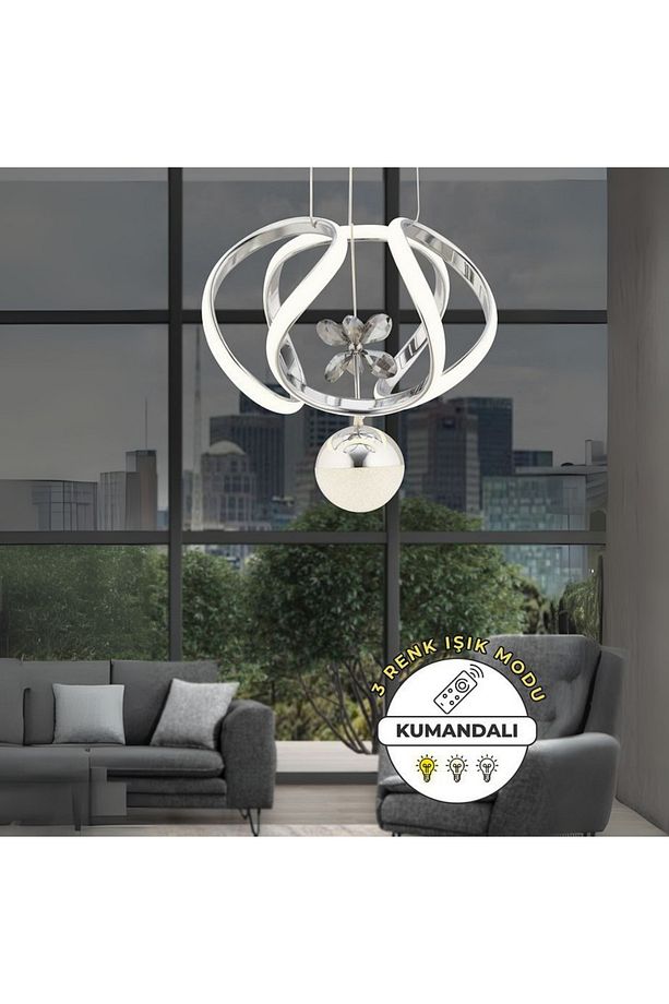 MİLOS Kumandalı 3 Renk Dimmerli LED Sarkıt Avize – Modern Krom Kaplama Tek Top - 1