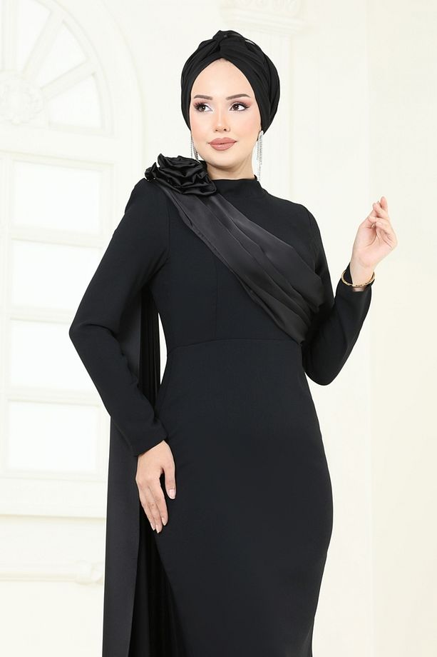 Gül Detay Abiye Elbise 6227BSK463 Siyah - 4