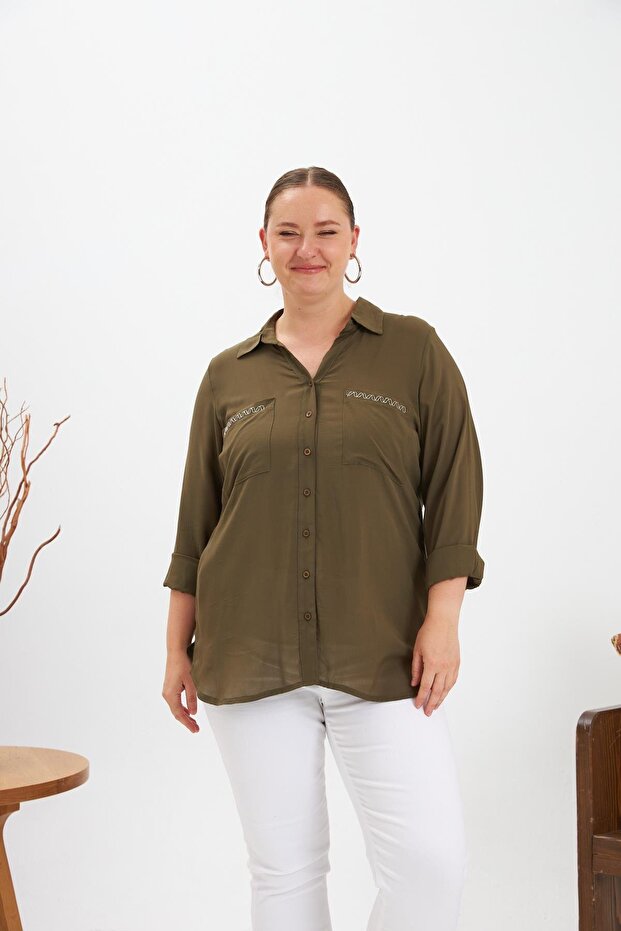 Chain Embroidery Detail Large Size Shirt Khaki