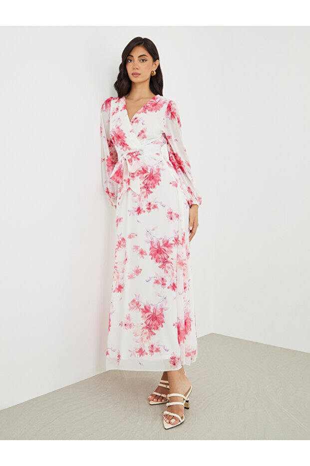 Floral Print V Neck Chiffon A-Line Maxi Dress