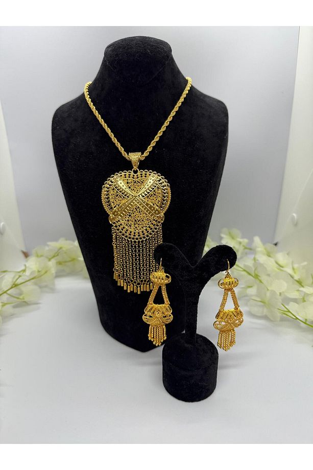 22 Ayar Altın Kaplama Hint Motifli Set Kolye Ve Küpe Lvd527 - 1