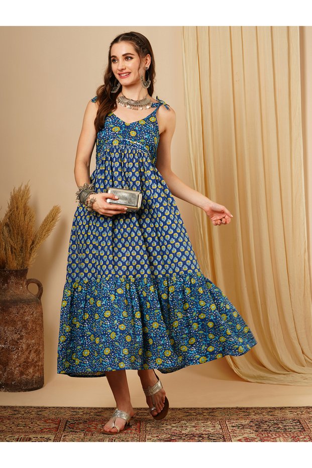 Women Blue Floral Print Tie Sleeves A-Line Midi Dress