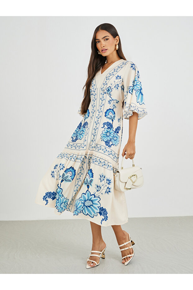 All-Over Print 3/4 Sleeves A-Line Midi Dress