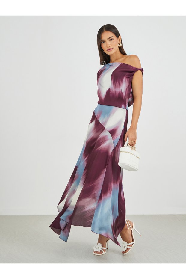 Abstract Print Draped Asymmetric A-Line Maxi Dress