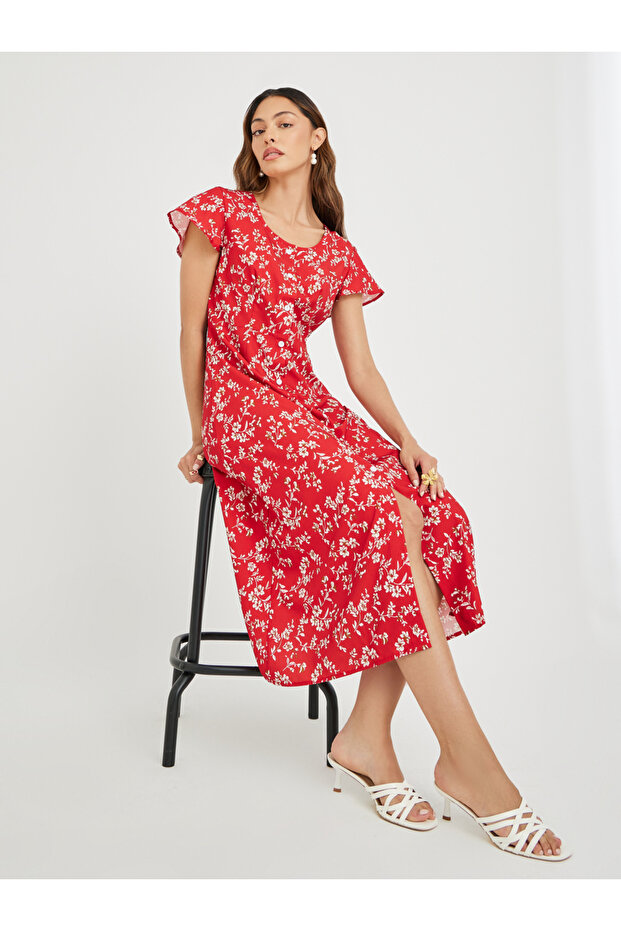 Women Red Floral Print Button Front A-Line Midi Dress
