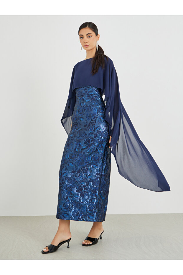 Jacquard Chiffon Cape Sleeve Cape Maxi Dress