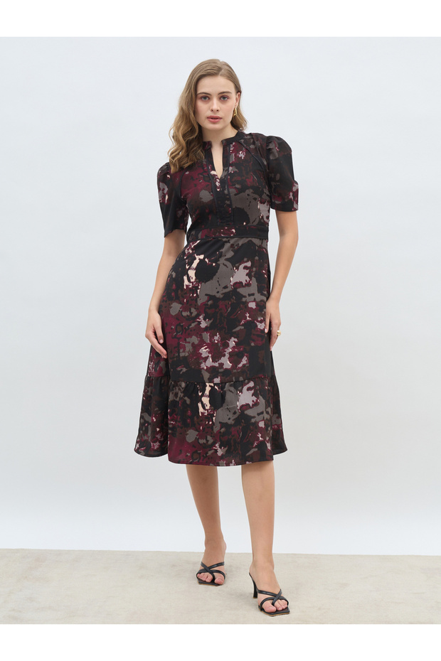 Round Neck Puff Sleeves A-line Midi dress