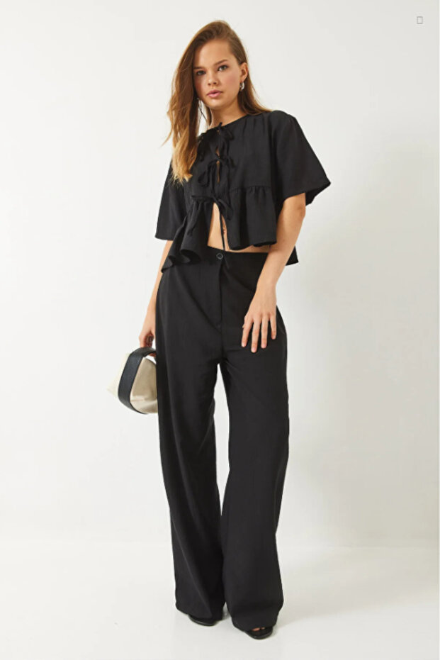 Women's Black Tie-Up Strawberry Fabric Short Sleeve Blouse and Wide Leg Pants Set – Relaxed Fit 9265