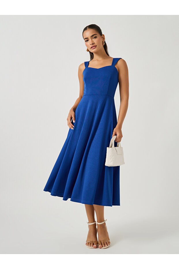 Plain Sweetheart Neck Strappy A-Line Midi Dress