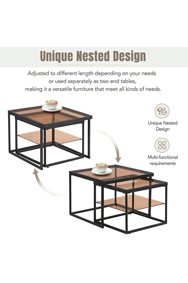 Modern Nested Coffee Table Set,brown Tempered Glass Side Table,end Table For Living Room - 4
